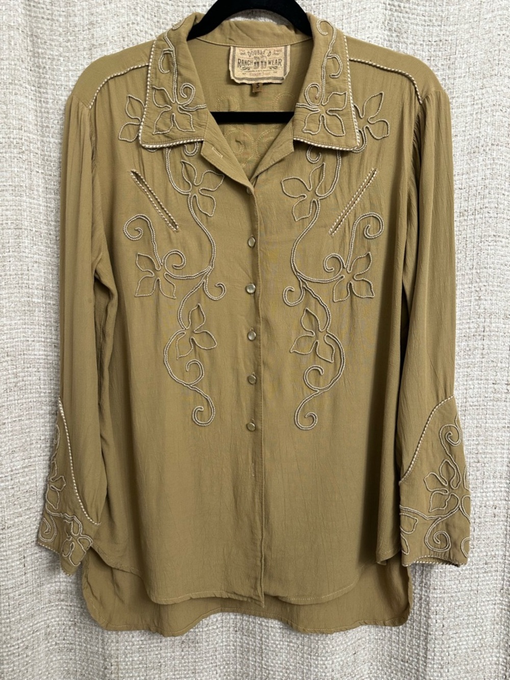 Vintage 90s Double D Ranch Western Embroidered Pearl Button Down Shirt Tan Small